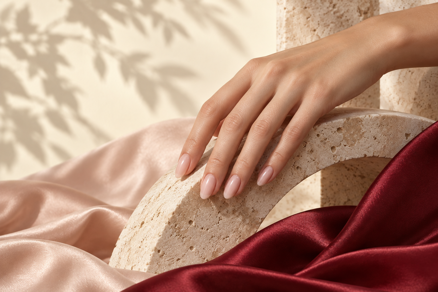Glossy blush manicure resting on sculptural ivory stone with blush and burgundy silk